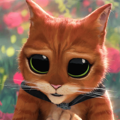 A Cartoon Cat With Big Green Eyes And A Black Bow Tie GIF