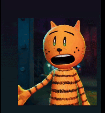 A Cartoon Cat With Green Eyes And Black Spots On Its Face GIF
