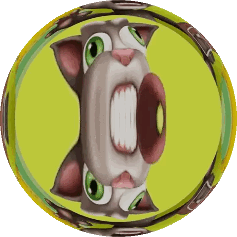 a cartoon cat with green eyes is in a circle with a yellow background