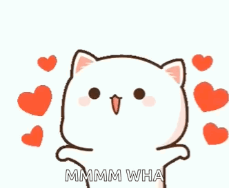 a cartoon cat with hearts around it and the words `` mmmm wha '' written below it .