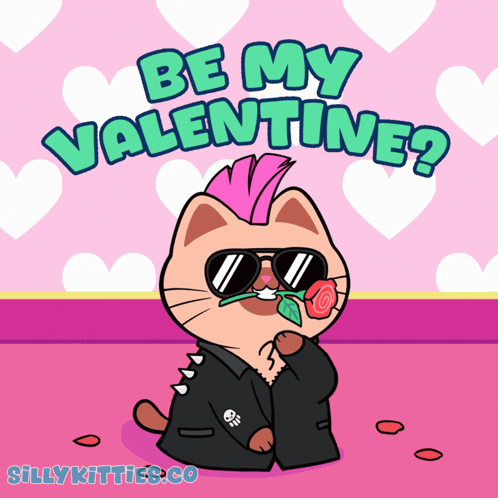 a cartoon cat with sunglasses and a mohawk holding a rose with the words be my valentine behind him