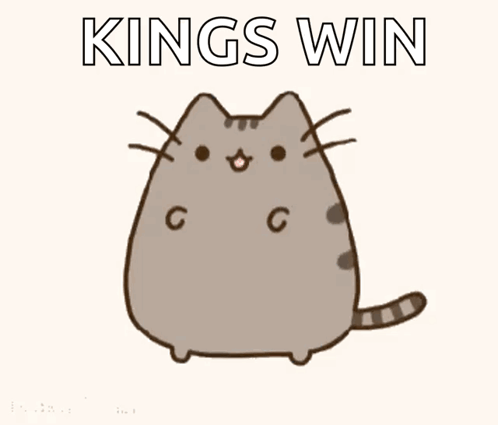 A Cartoon Cat With The Words " Kings Win " Written Above It GIF