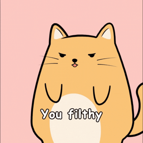 A Cartoon Cat With The Words " You Filthy " Written On It GIF