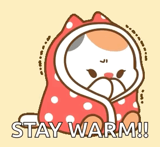 A Cartoon Cat Wrapped In A Blanket With The Words `` Stay Warm '' Written On It . GIF