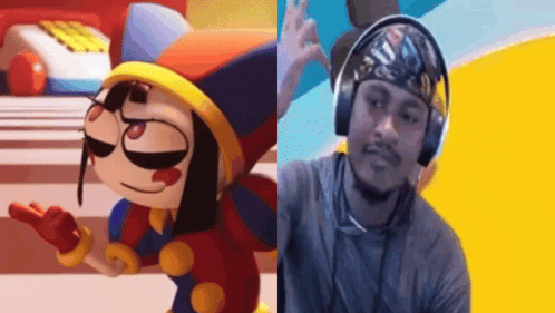 A Cartoon Character And A Man Wearing Headphones Are Standing Next To Each Other . GIF