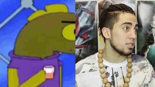 A Cartoon Character And A Man With A Beard Are Standing Next To Each Other . GIF
