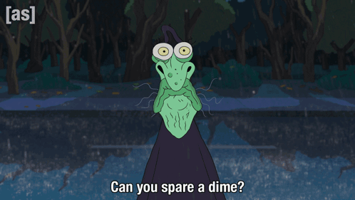 A Cartoon Character Asks If A Dime Can Be Spared GIF