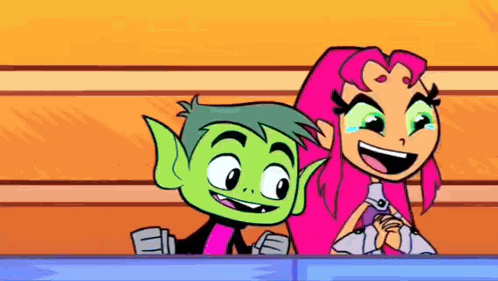 A Cartoon Character , Beast Boy And Starfire , Are Standing Next To Each Other And Smiling . GIF
