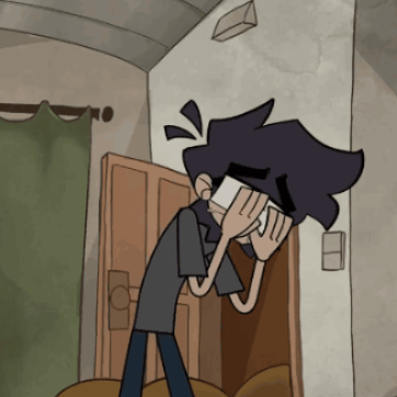 A Cartoon Character Covering His Face With His Hands In Front Of A Door GIF