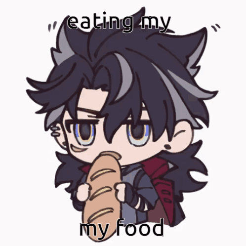 A Cartoon Character Eating A Loaf Of Bread With The Caption Eating My Food GIF