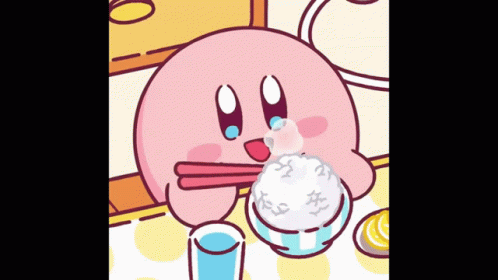 A Cartoon Character Eating Rice With Chopsticks And A Glass Of Water GIF