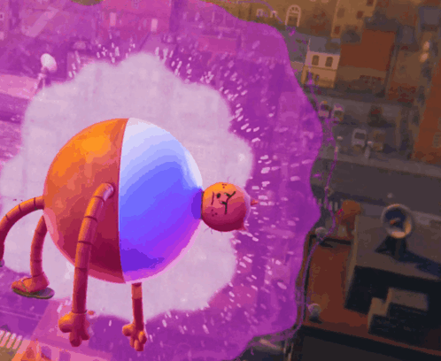 A Cartoon Character Flying Through A Purple Bubble GIF