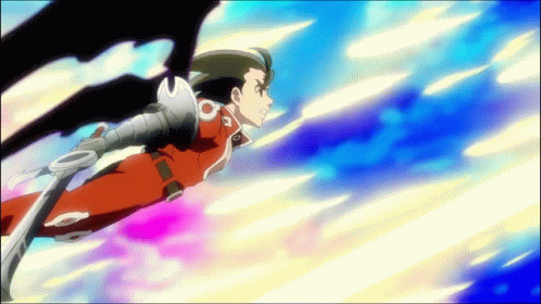 A Cartoon Character Flying Through The Air With A Sword GIF
