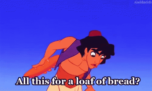 A Cartoon Character From Aladdin Is Holding A Loaf Of Bread . GIF