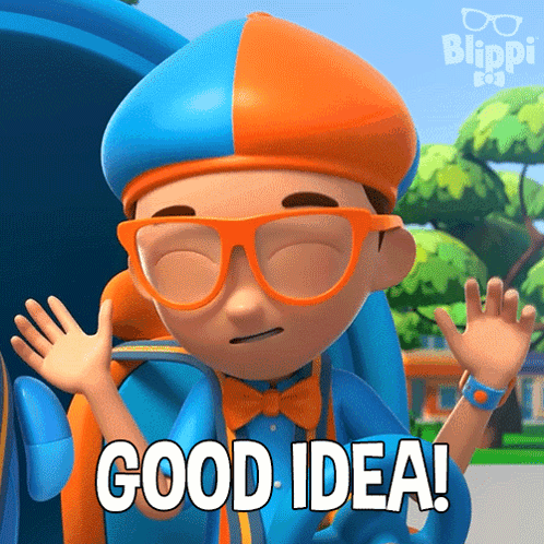 A Cartoon Character From Blippi Says Good Idea With His Hands Up GIF