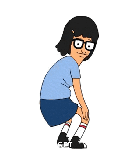 A Cartoon Character From Bob 'S Burgers Is Squatting Down With Her Legs Crossed And Kneeling Down . GIF