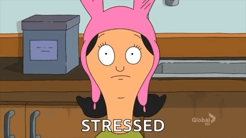 A Cartoon Character From Bob 'S Burgers Is Wearing A Pink Bunny Hat And Says Stressed GIF