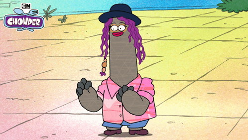 A Cartoon Character From Chowder Is Wearing A Pink Shirt And A Hat GIF