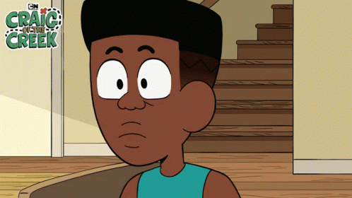 A Cartoon Character From Craig And The Creek Is Standing In Front Of Stairs GIF