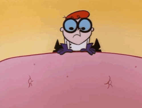 A Cartoon Character From Dexter 'S Laboratory Is Laying On A Pink Surface With His Mouth Open . GIF