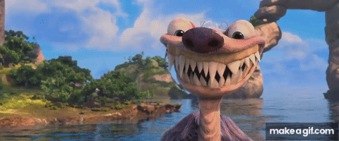 A Cartoon Character From Ice Age Is Smiling In Front Of The Water GIF