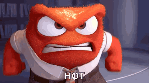 A Cartoon Character From Inside Out Is Very Angry And Has The Word Hot On His Chest . GIF