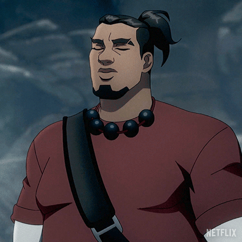 A Cartoon Character From Netflix Is Wearing A Red Shirt And Black Beads Around His Neck GIF