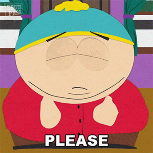 A Cartoon Character From South Park Has His Eyes Closed And Says Please GIF