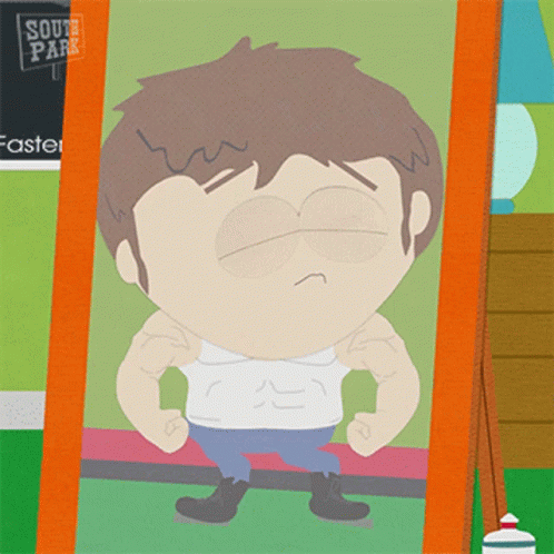 A Cartoon Character From South Park Is Flexing His Muscles In A Picture Frame GIF