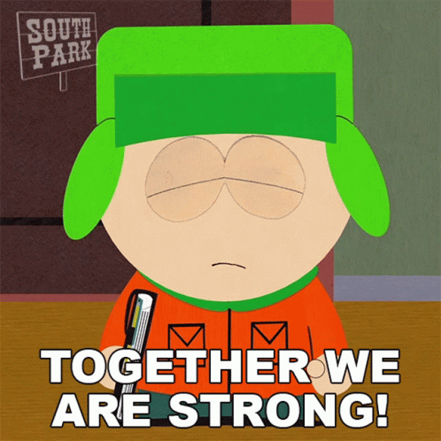 A Cartoon Character From South Park Is Holding A Book And Says Together We Are Strong GIF
