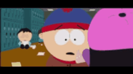 A Cartoon Character From South Park Is Looking At A Pink Object GIF