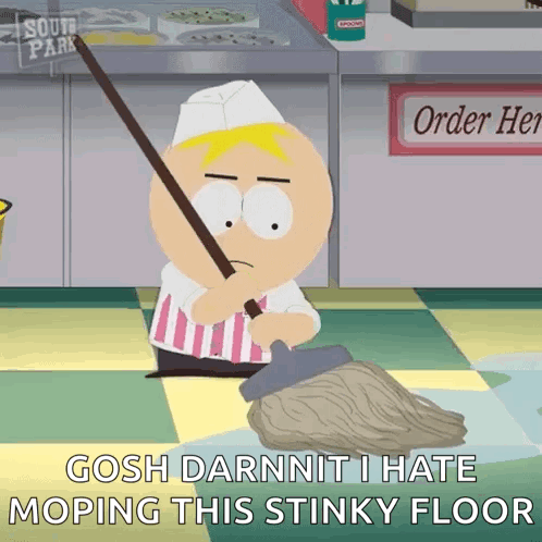 A Cartoon Character From South Park Is Mopping A Stinky Floor GIF