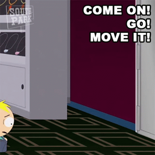 A Cartoon Character From South Park Is Standing In A Hallway . GIF
