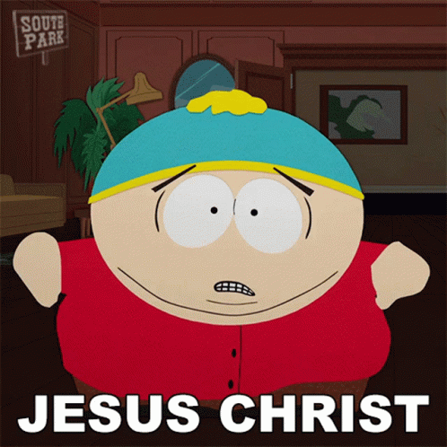 A Cartoon Character From South Park Says Jesus Christ On The Bottom GIF