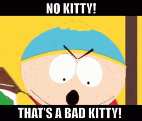 A Cartoon Character From South Park Says No Kitty That 'S A Bad Kitty ! GIF