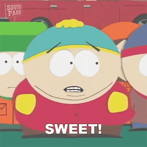 A Cartoon Character From South Park Says Sweet While Standing Next To Two Other Characters . GIF