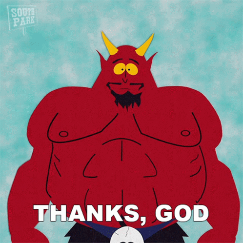 a cartoon character from south park says " thanks, god "