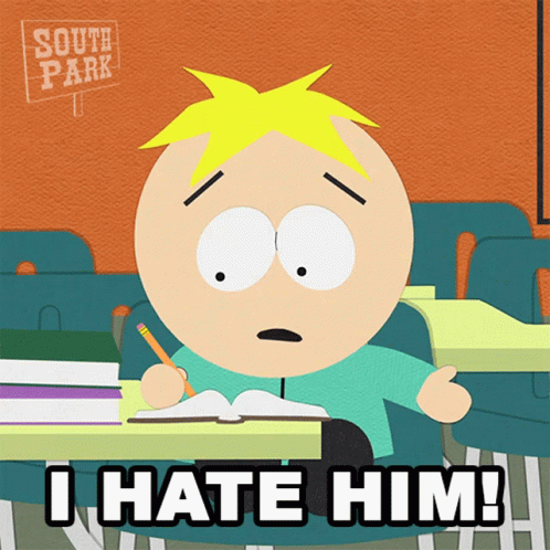 A Cartoon Character From South Park Sits At A Desk Writing In A Notebook And Says I Hate Him GIF