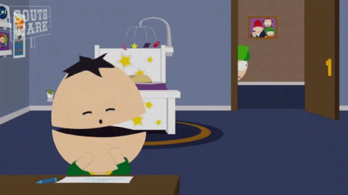 A Cartoon Character From South Park Sits At A Table GIF