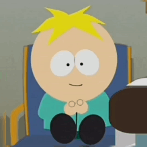 A Cartoon Character From South Park Sits In A Chair With His Hands Folded GIF