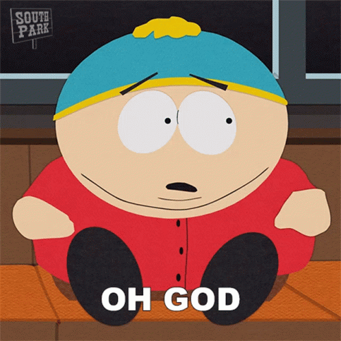 a cartoon character from south park sits on a wooden bench and says oh god