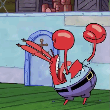 a cartoon character from spongebob squarepants is dancing in front of a door .