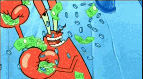 A Cartoon Character From Spongebob Squarepants Is Holding A Bunch Of Money And Coins . GIF