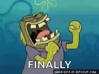 A Cartoon Character From Spongebob Squarepants Is Holding His Fist Up In The Air And Saying `` Finally '' . GIF