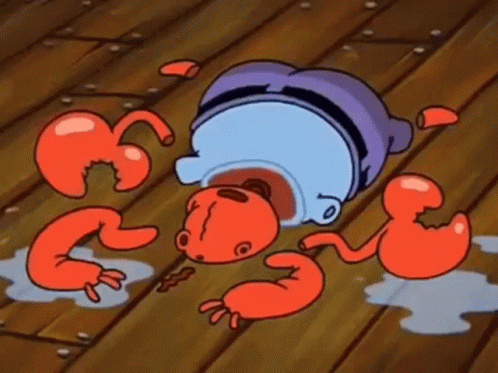 A Cartoon Character From Spongebob Squarepants Is Laying On His Back On A Wooden Floor With His Arms Broken . GIF