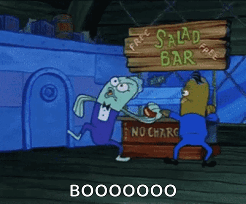 A Cartoon Character From Spongebob Squarepants Is Running To The Salad Bar GIF