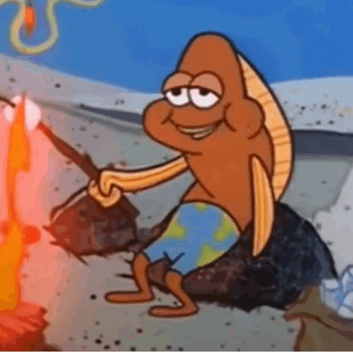 A Cartoon Character From Spongebob Squarepants Is Sitting On A Rock Near A Fire . GIF