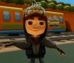 A Cartoon Character From Subway Surfers Is Standing In Front Of A Train . GIF