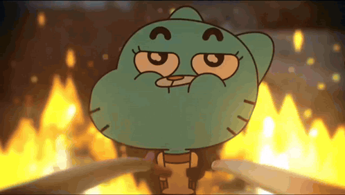 A Cartoon Character From The Amazing World Of Gumball Is Standing In Front Of A Fire GIF