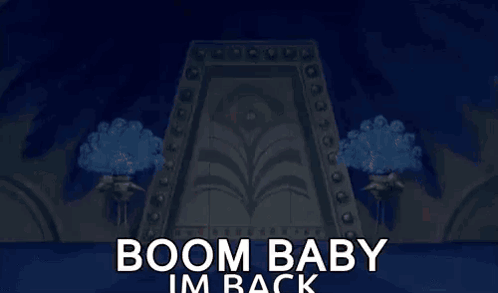 A Cartoon Character From The Emperor 'S New Groove Is Dancing In A Doorway With The Words Boom Baby Im Back . GIF